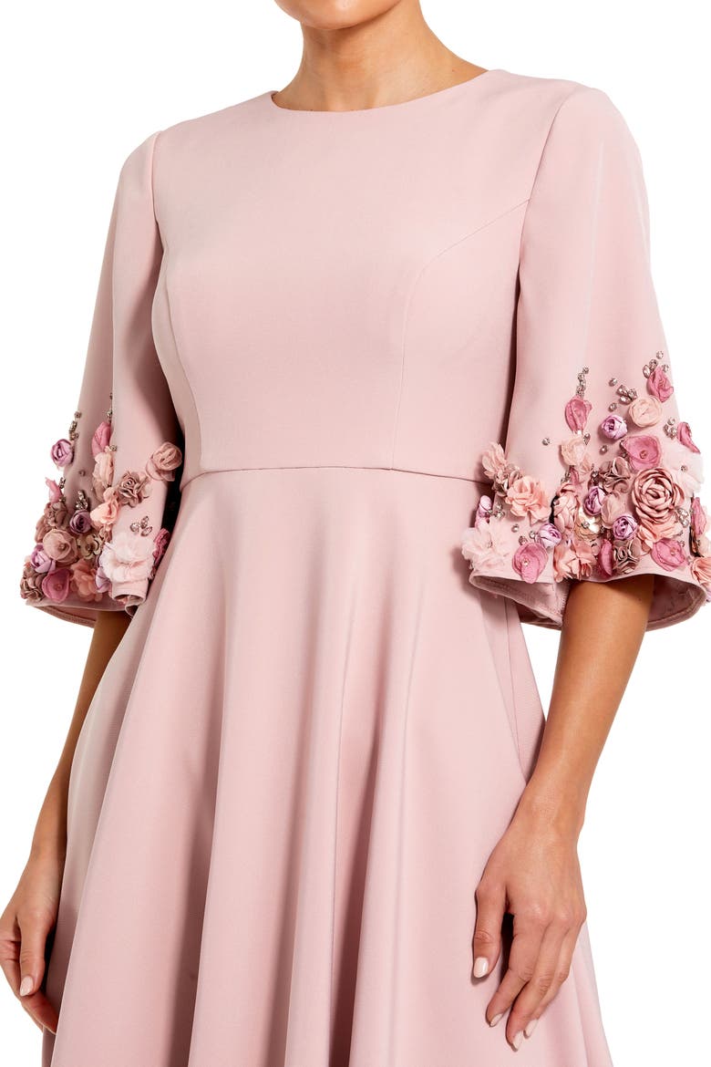 Petite Crepe 3/4 Sleeve A-line Gown With Flower Trim