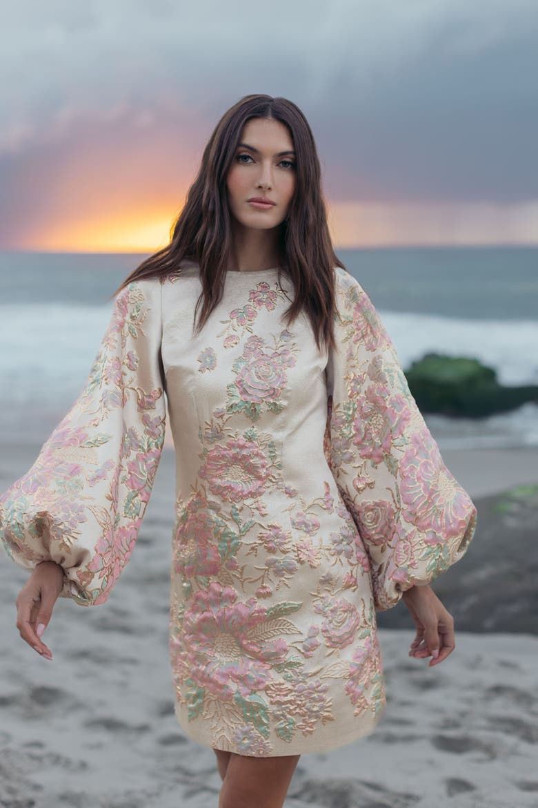 Brocade High Neck Long Bishop Sleeve Mini Dress