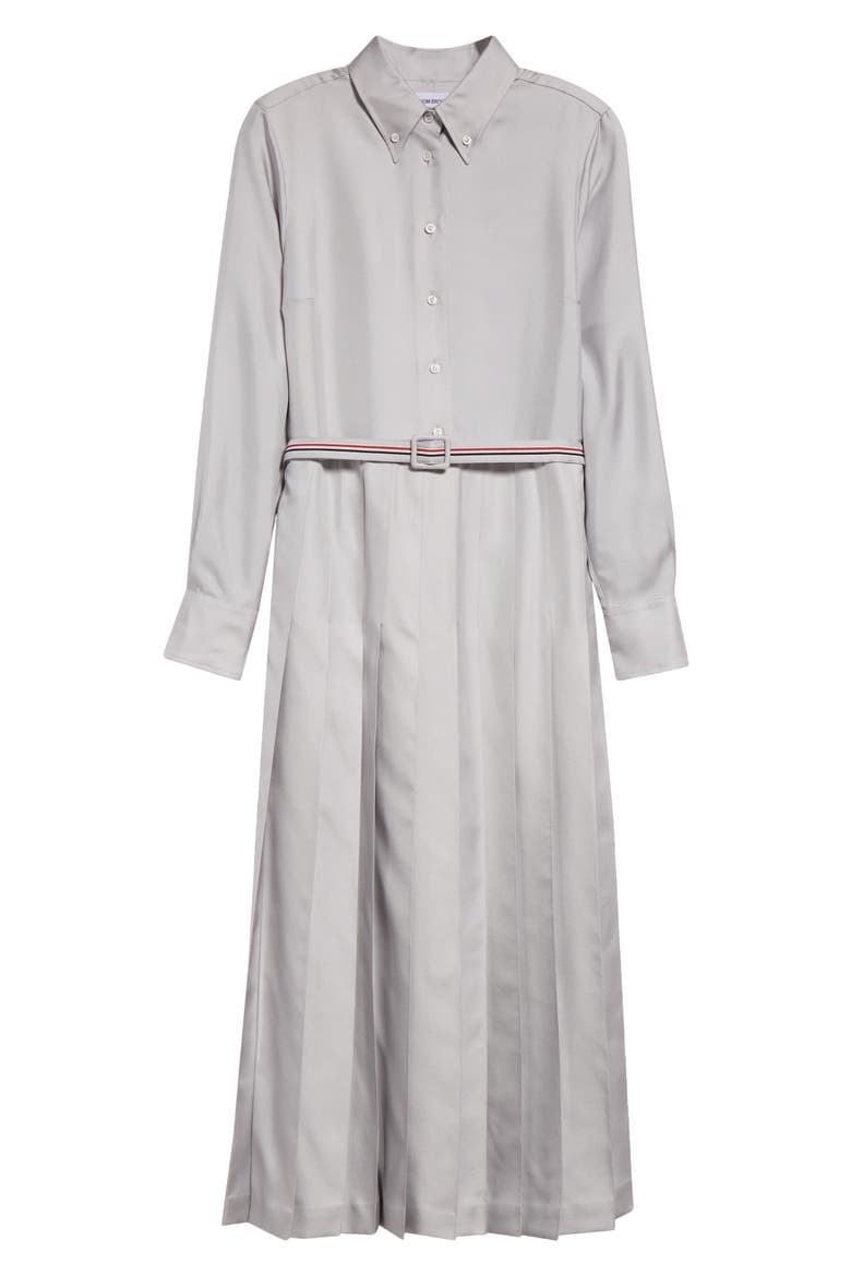 Long Sleeve Pleated Silk Midi Shirtdress
