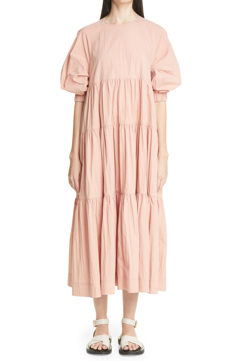 Tiered Bubble Sleeve Midi Dress