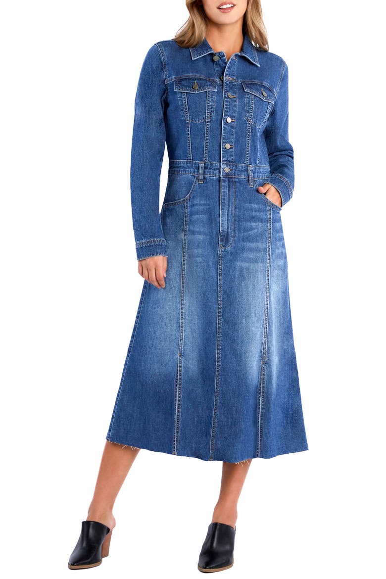 Sway Raw Hem Long Sleeve Denim Midi Shirtdress