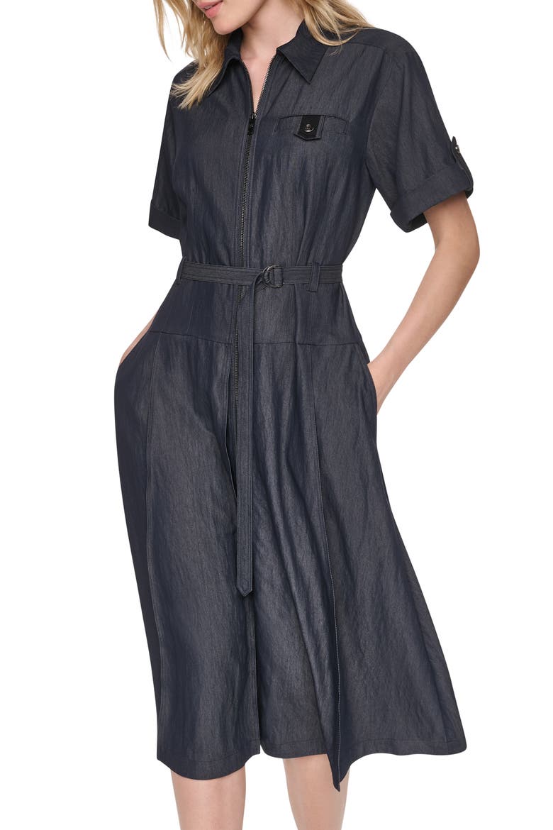 Front Zip Belted Midi Dress
