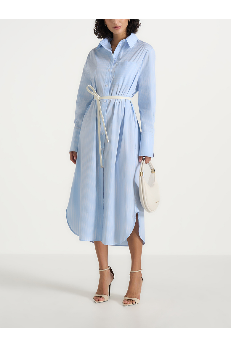 Isa Belted Pinstripe Cotton Midi Shirt Dress