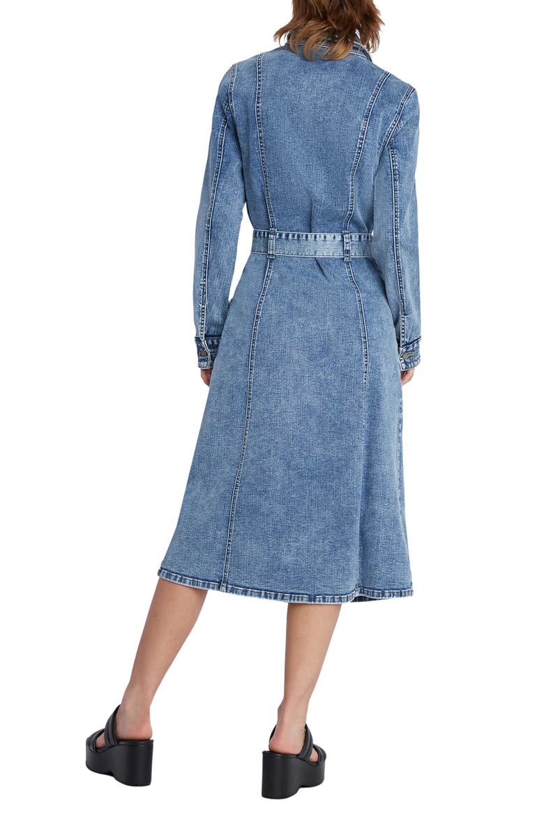 Tie Waist Long Sleeve Cargo Denim Midi Shirtdress