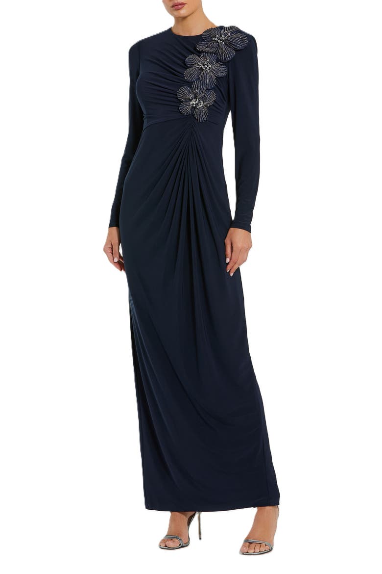 Jersey Long Sleeve Fitted Gown With 3D Flowers