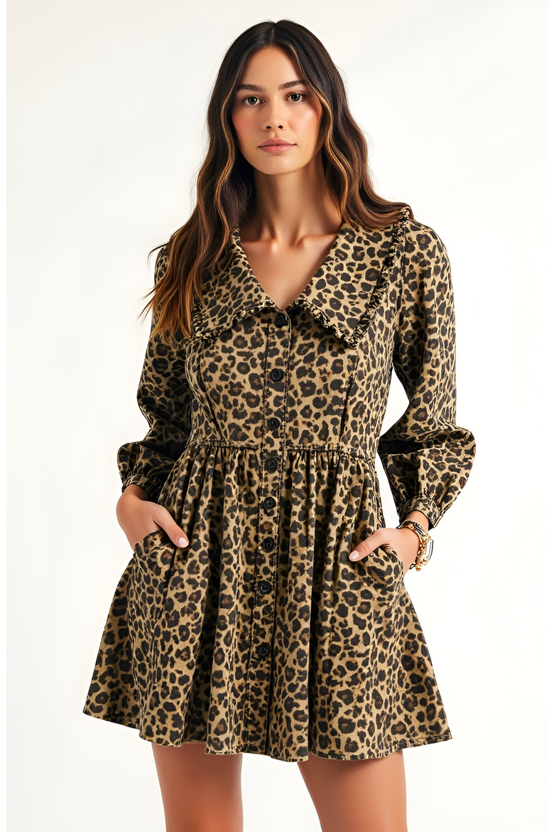 Leopard Print Long Sleeve Mini Dress with Oversized Collar