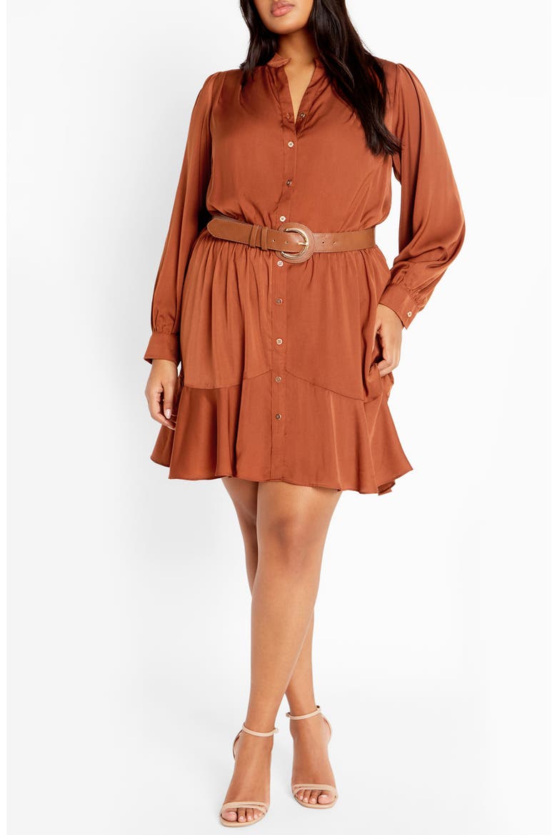 Oki Belted Long Sleeve Satin Shirtdress