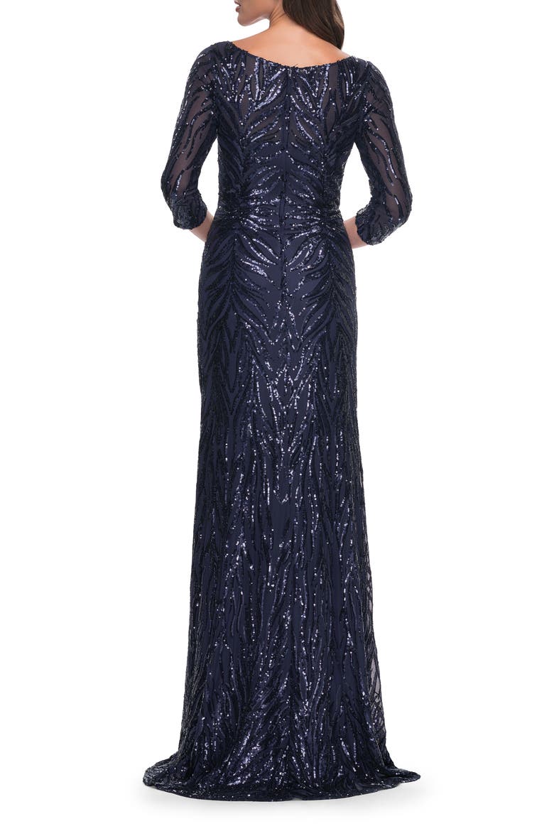 Print Sequin Gown with High Neckline and Sleeves