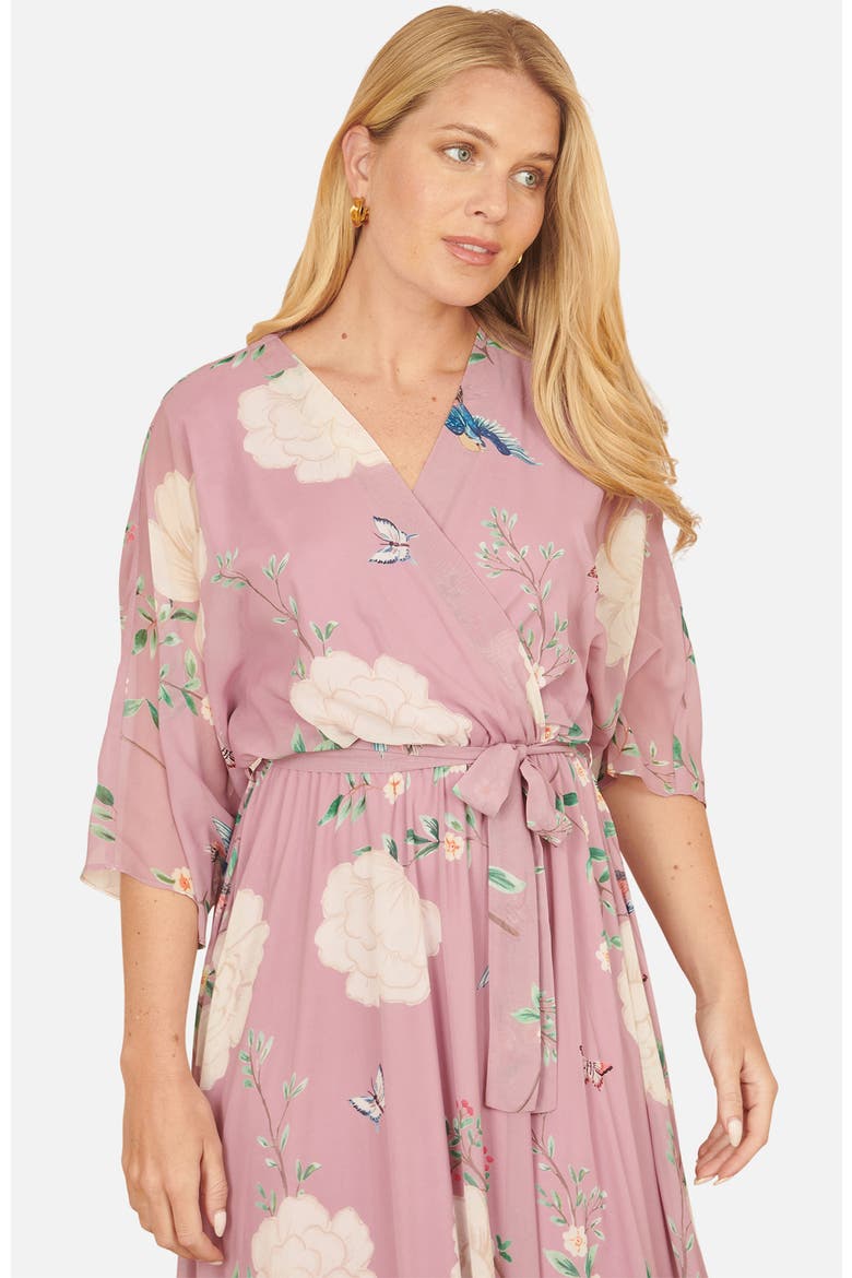Bird And Floral Print Midi Wrap Dress