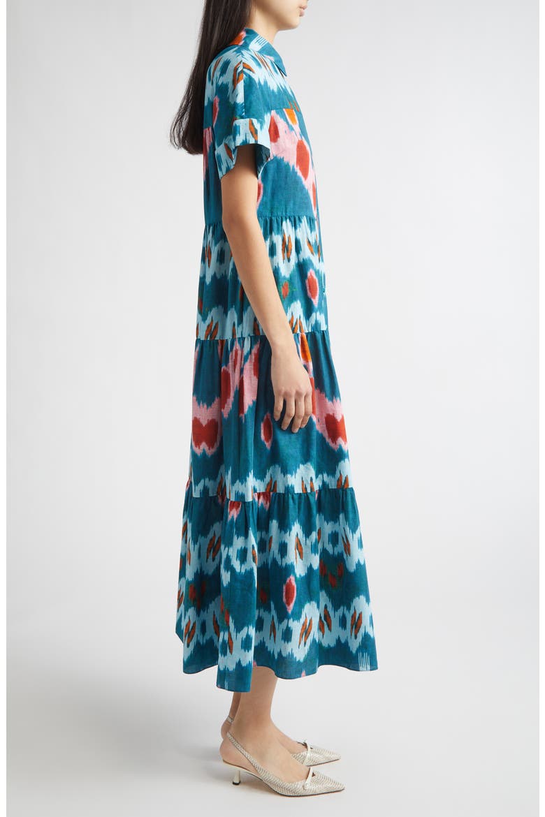 Ikat Print Tiered Cotton Sateen Midi Shirtdress