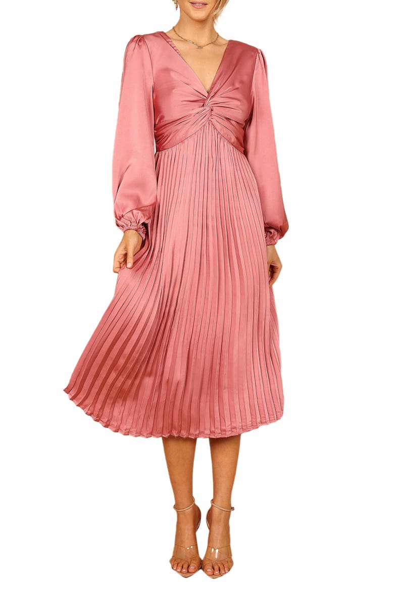 Noelle Long Sleeve Pleated Satin Midi Dress