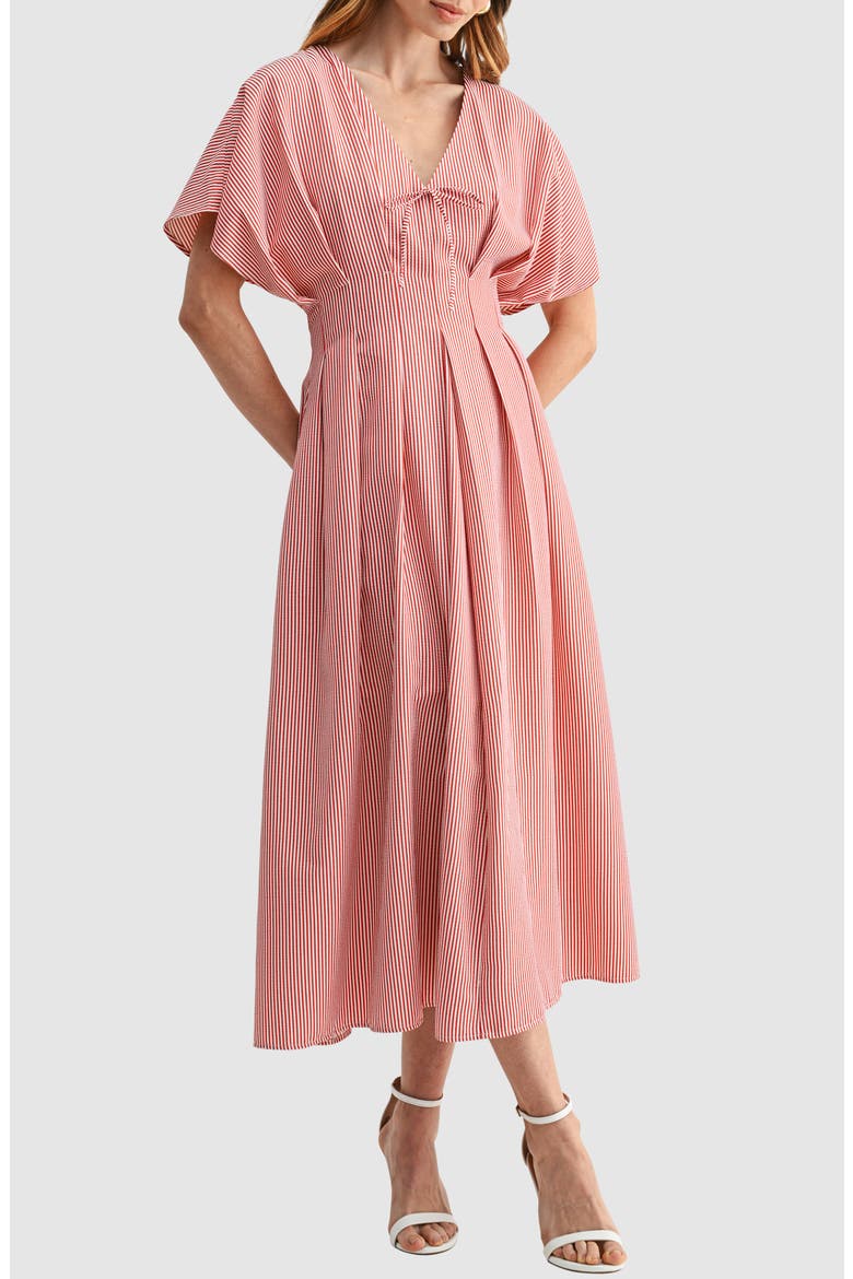Stripe Pleat Waist A-Line Midi Dress
