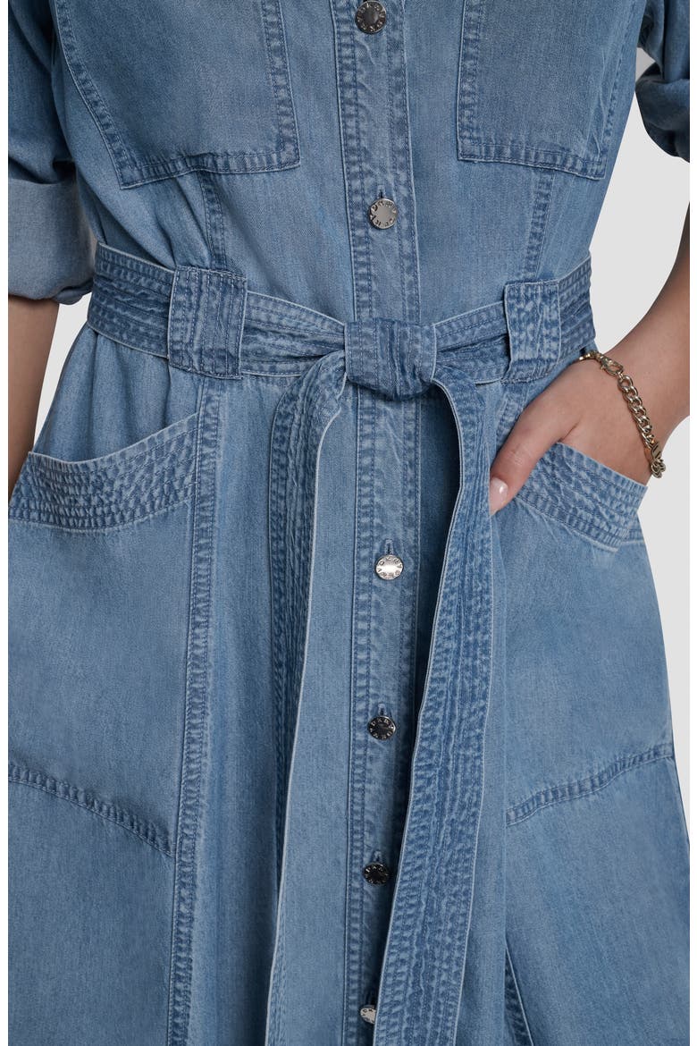 Tie Waist Roll Tab Chambray Midi Shirtdress