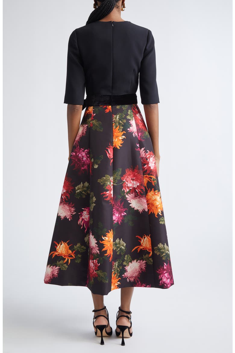 Chrysanthemum Print Crepe, Velvet & Faille Fit & Flare Midi Dress