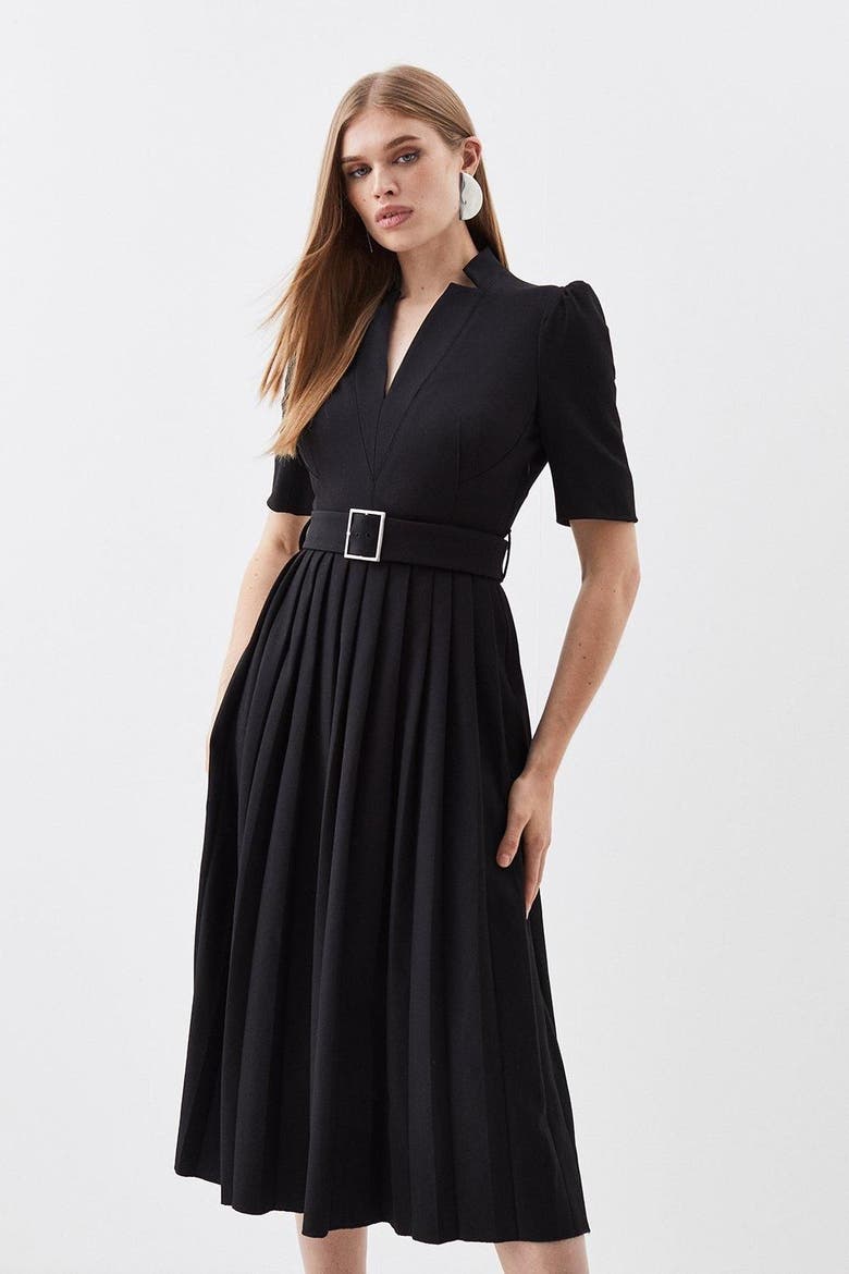 Structured Crepe Belted Midi Dress