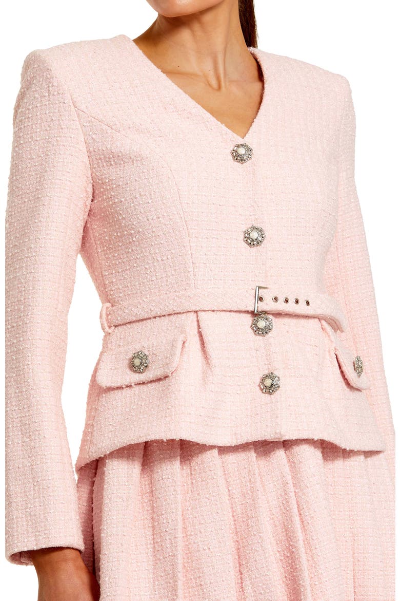 V-Neck Bouclé Long Sleeve Mini Dress with Buttons