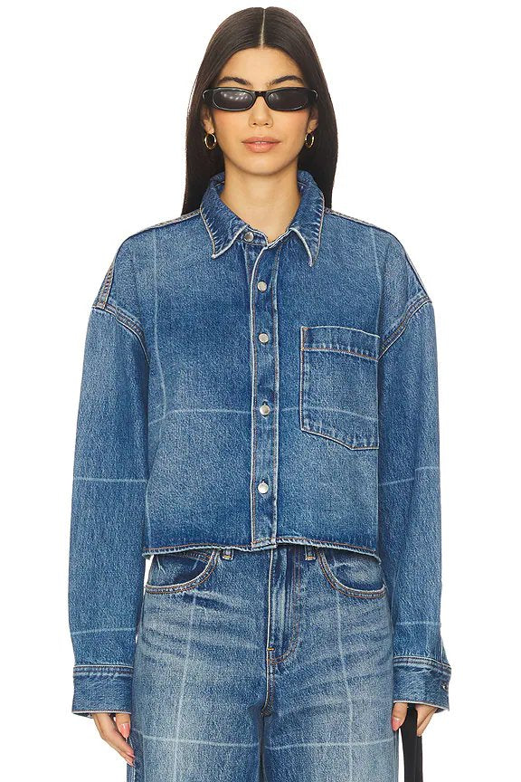 Alexander Wang Cropped Button Down Shirt in Vintage Marbled Blue - Image 5