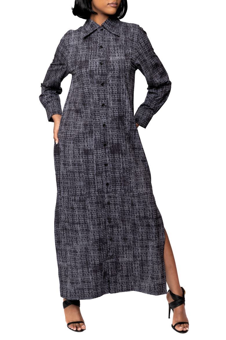 Bali Abstract Print Long Sleeve Double Slit Maxi Shirtdress