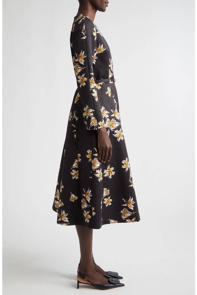 Uccelina Festive Lillies Long Sleeve Belted Fit & Flare Faille Midi Dress