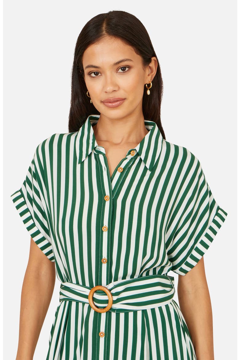 Stripe Print Belted Midi Shirt Dress