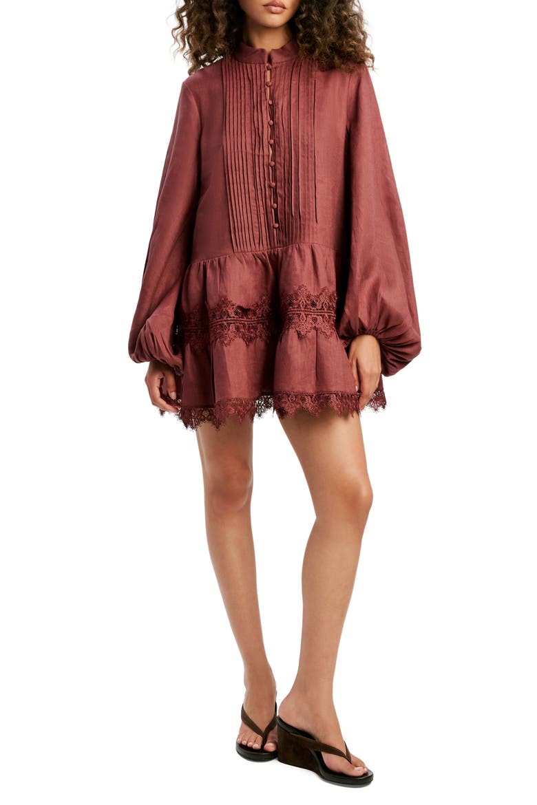 Antonia Lace Trim Long Sleeve Linen Minidress
