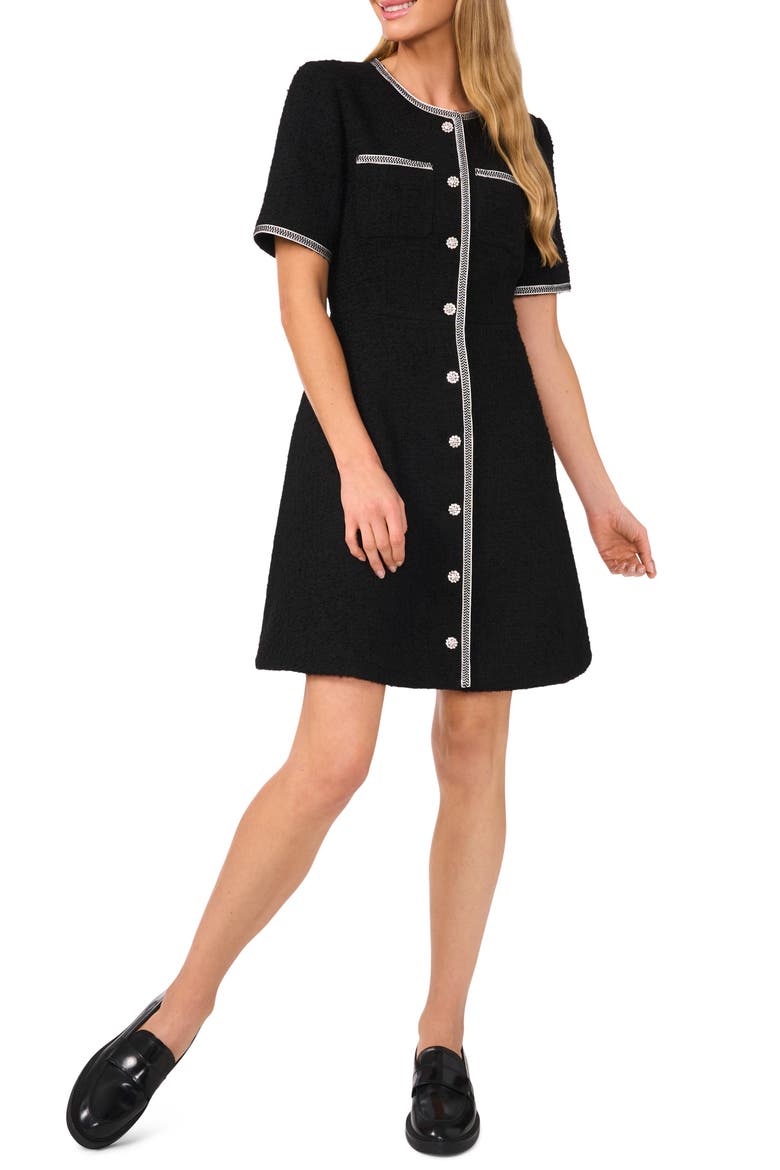 Button Front Tweed A-Line Dress