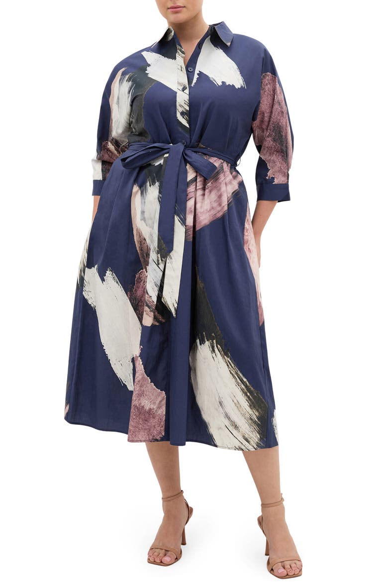 Angel Brushstroke Belted Cotton Shirtdress