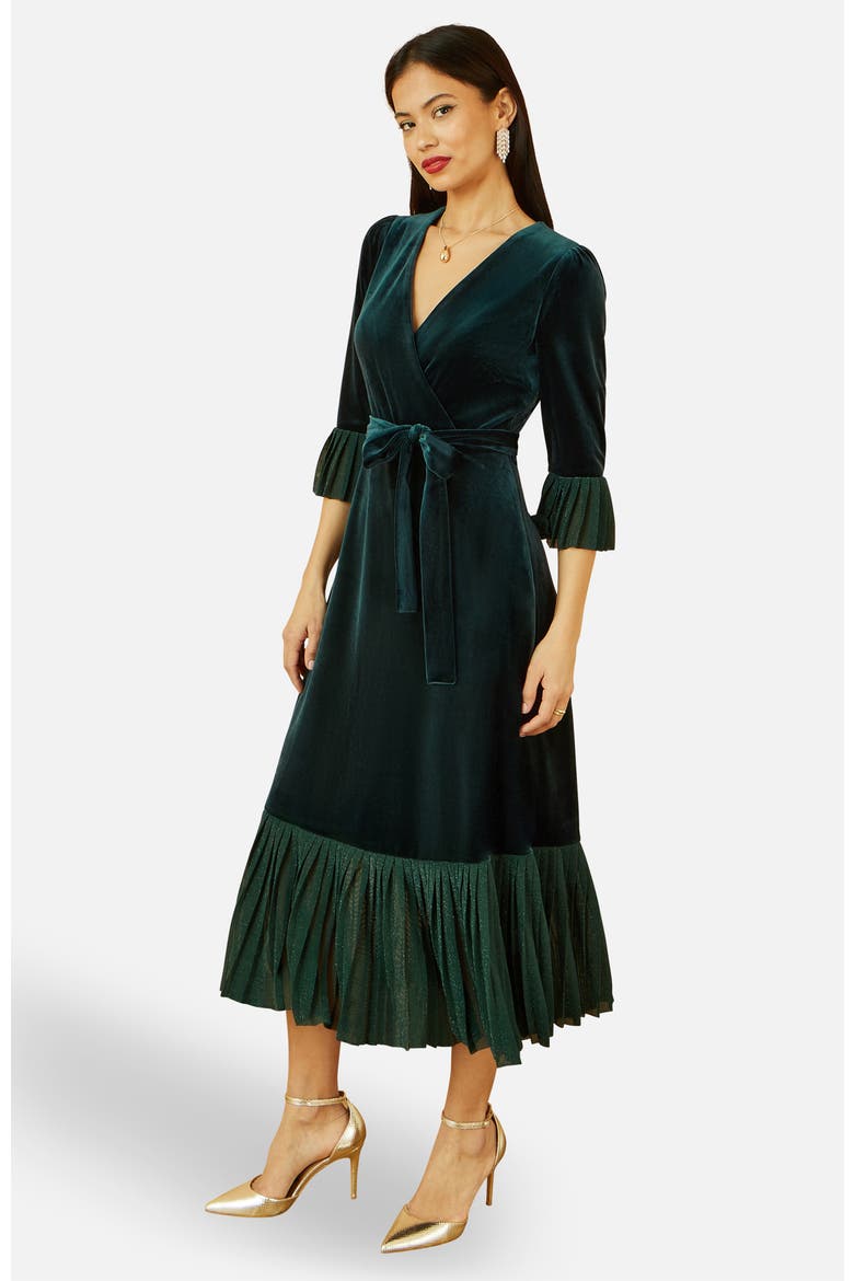 Velvet Midi Pleat Detail Wrap Dress