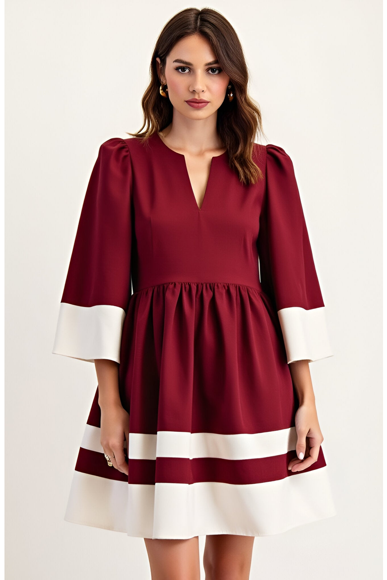 Fit and Flare Mini Dress with Contrast Cuff, Hemline and Notch Neck