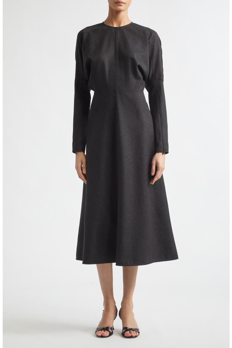 Dolman Long Sleeve Wool Twill Midi Dress