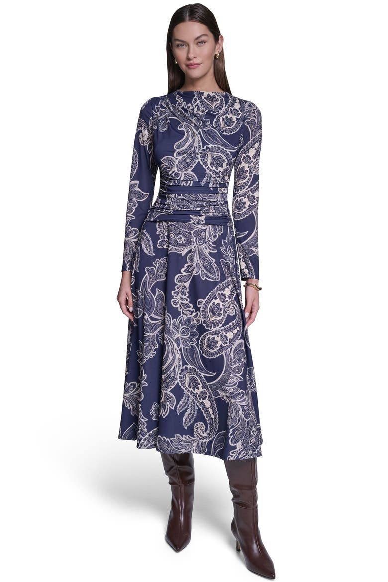 Long Sleeve Paisley Printed Jersey Midi Dress