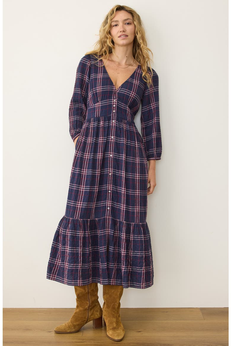 Maeve Plaid Long Sleeve Tiered Midi Dress