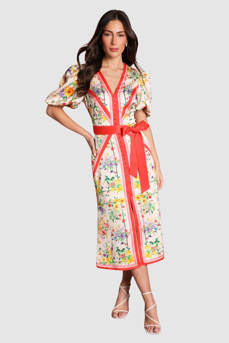 Satin Scarf Print V-Neck Midi Dress