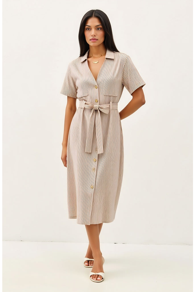 Striped Button-Down Midi Dress with Waist Tie and Collared Neckline