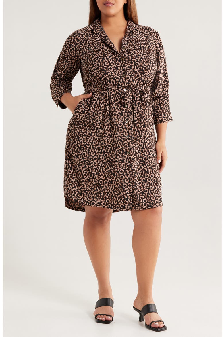 Abstract Animal Print Ruched Sleeve Trench Shirtdress