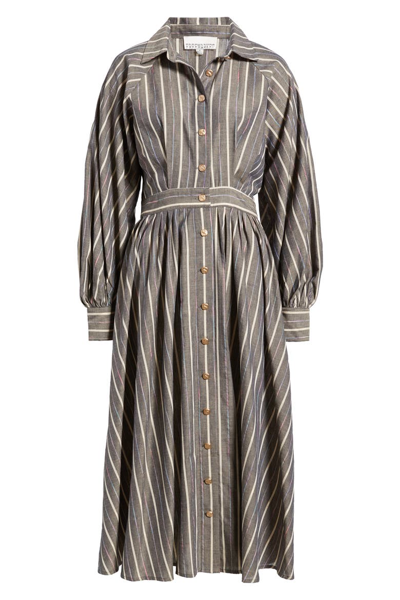 Stripe Pleated Long Sleeve Midi Shirtdress