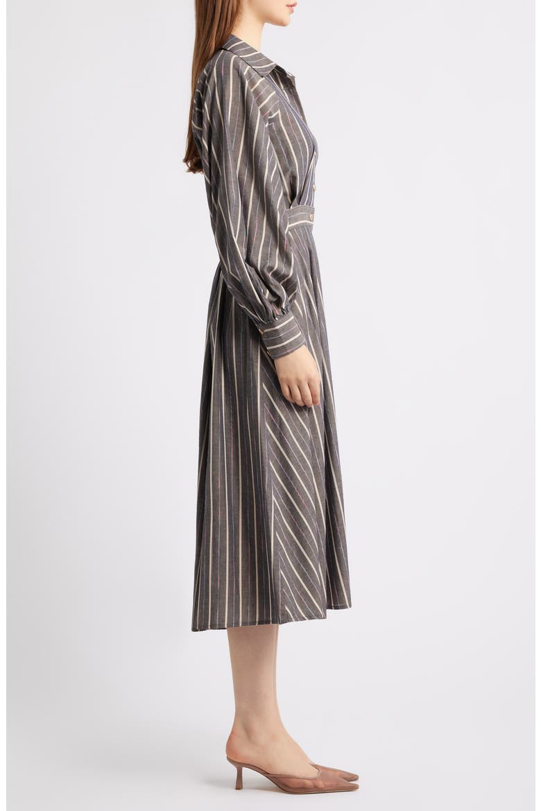 Stripe Pleated Long Sleeve Midi Shirtdress