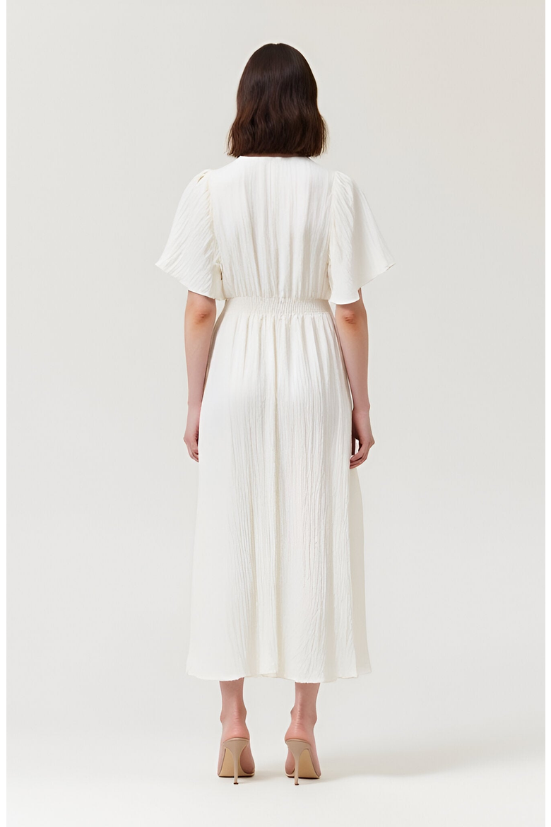V-Neck Midi Dress with Flutter Sleeves and Handkerchief Hem
