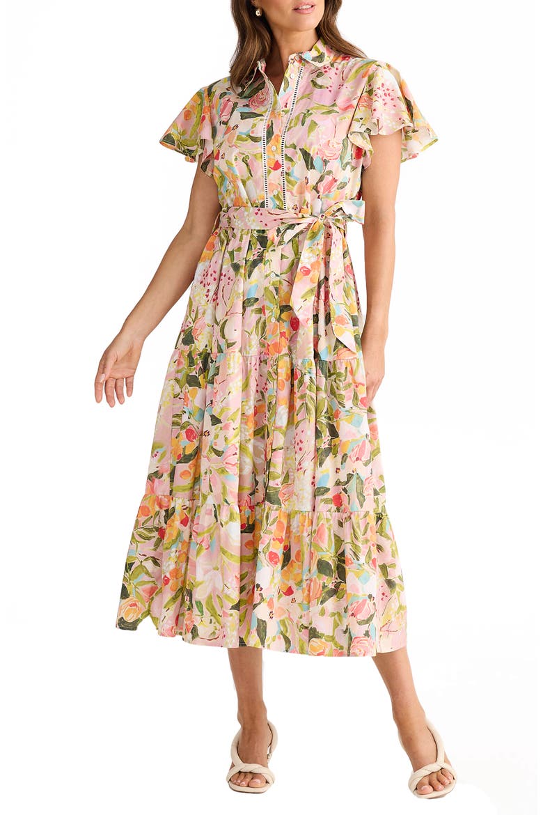Alice Floral Flutter Sleeve Tiered Cotton Shirtdress