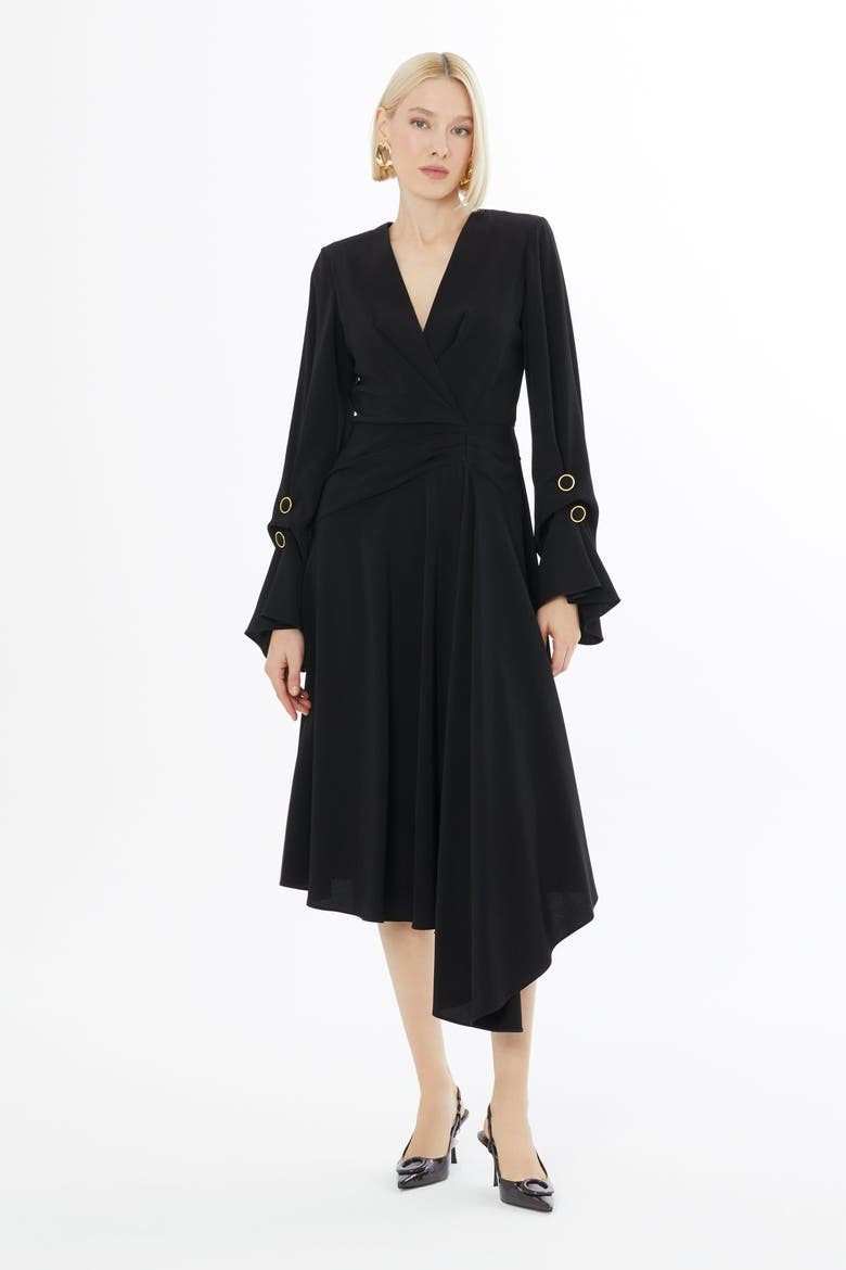 Pleated Front Midi Dress with Concealed Back Zip