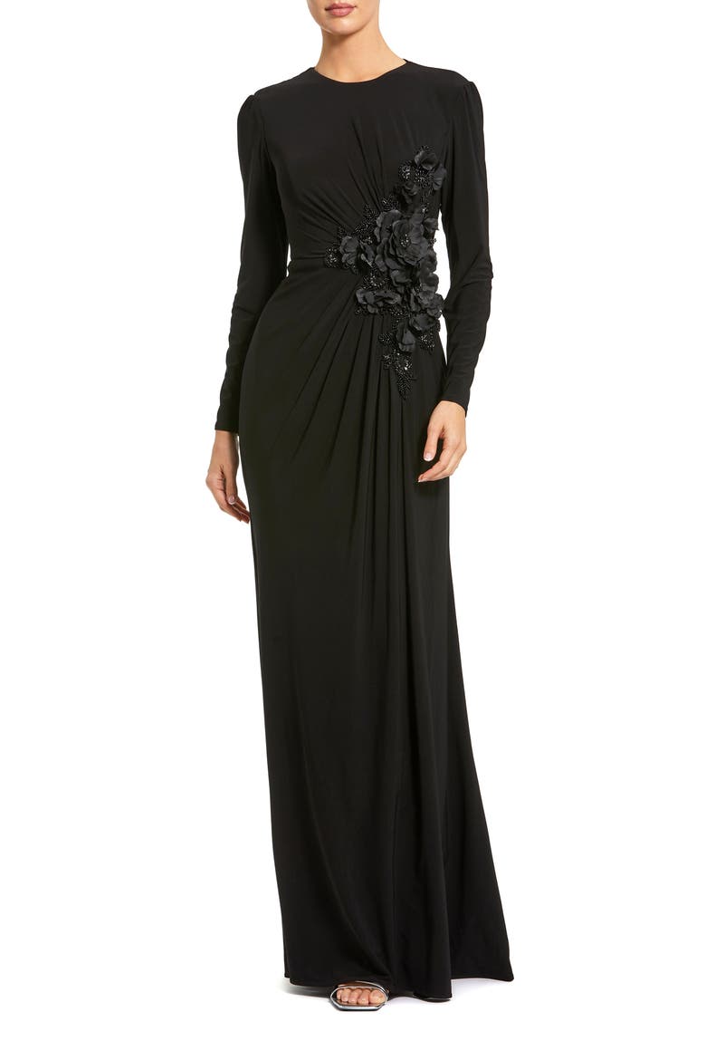 Long Sleeve High Neck Floral Beaded Jersey Gown
