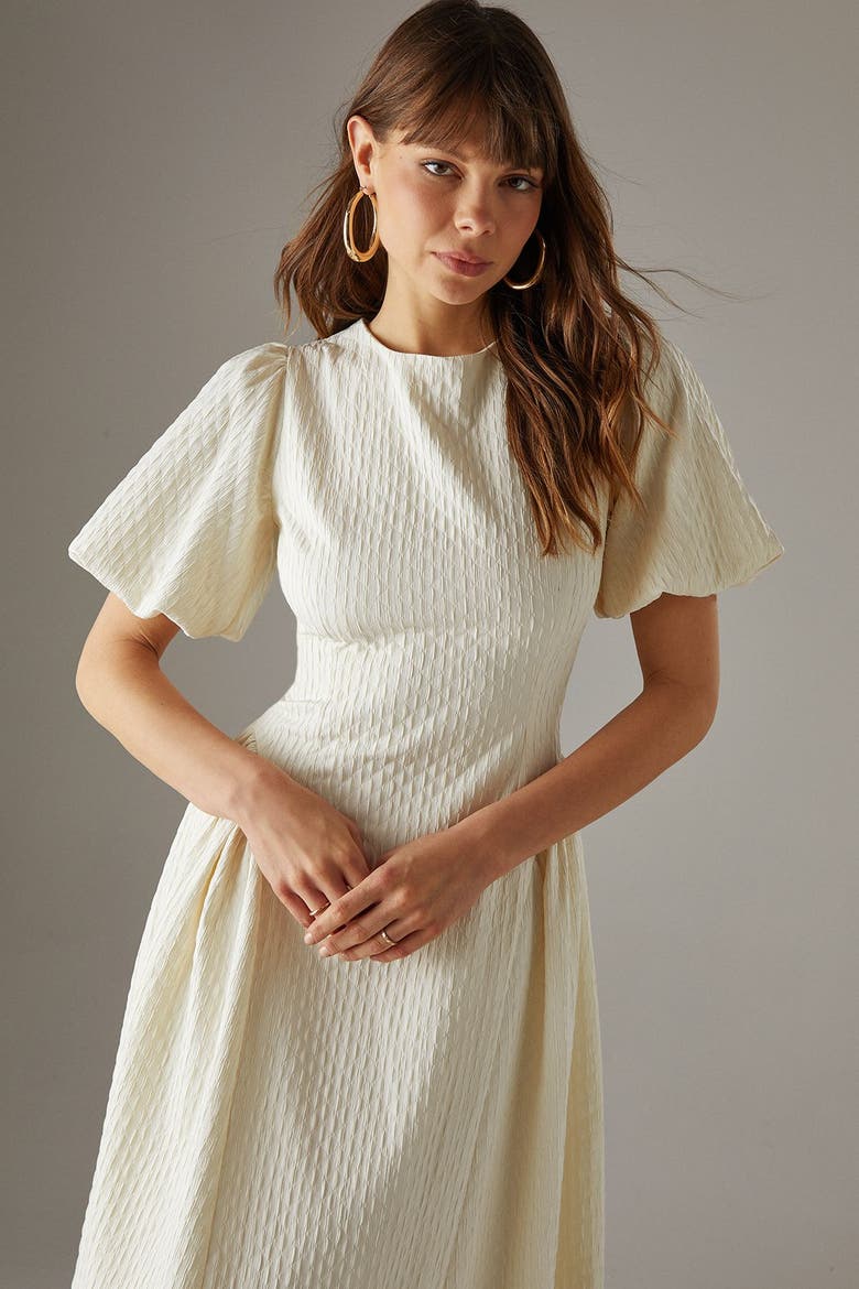 Seersucker Puff Sleeve Midi Dress