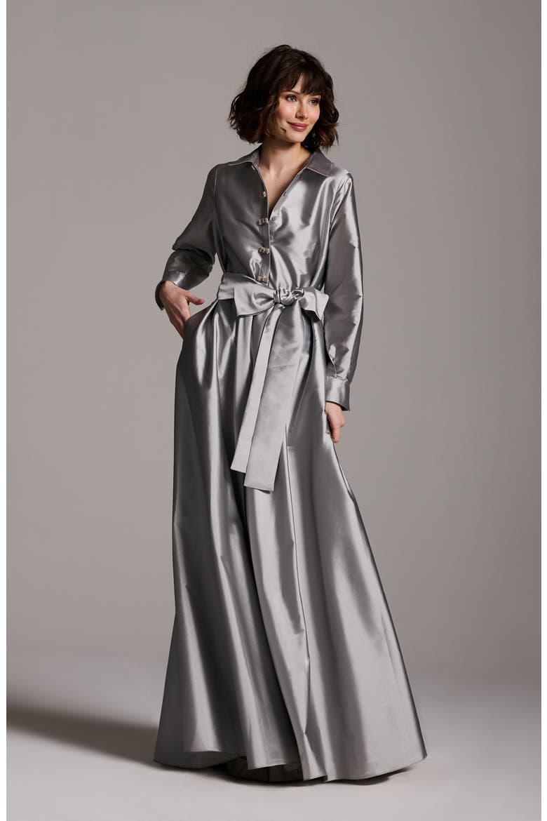 Crystal Bow Button Long Sleeve Taffeta A-Line Gown
