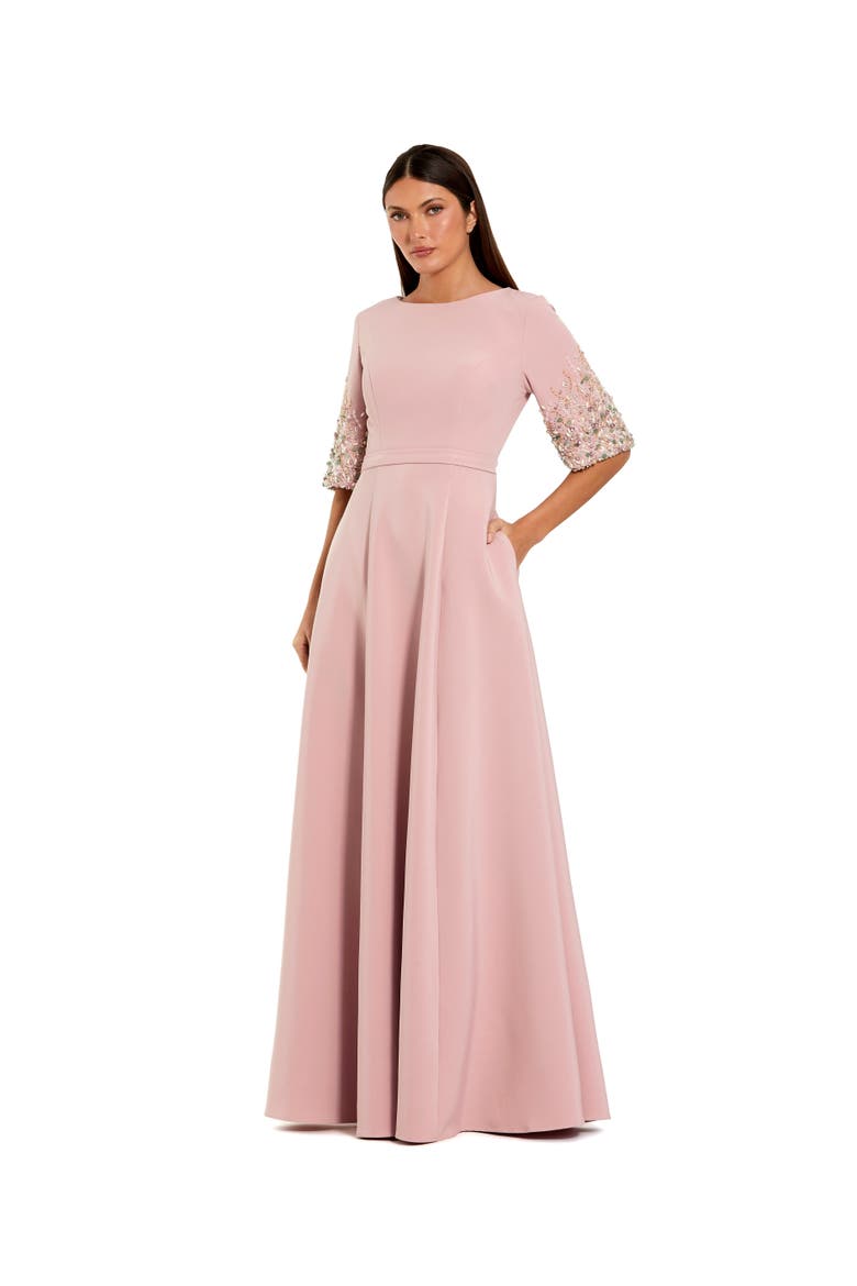 Women's 3/4 Sleeve Crepe Gown With Sleeve Embellishments