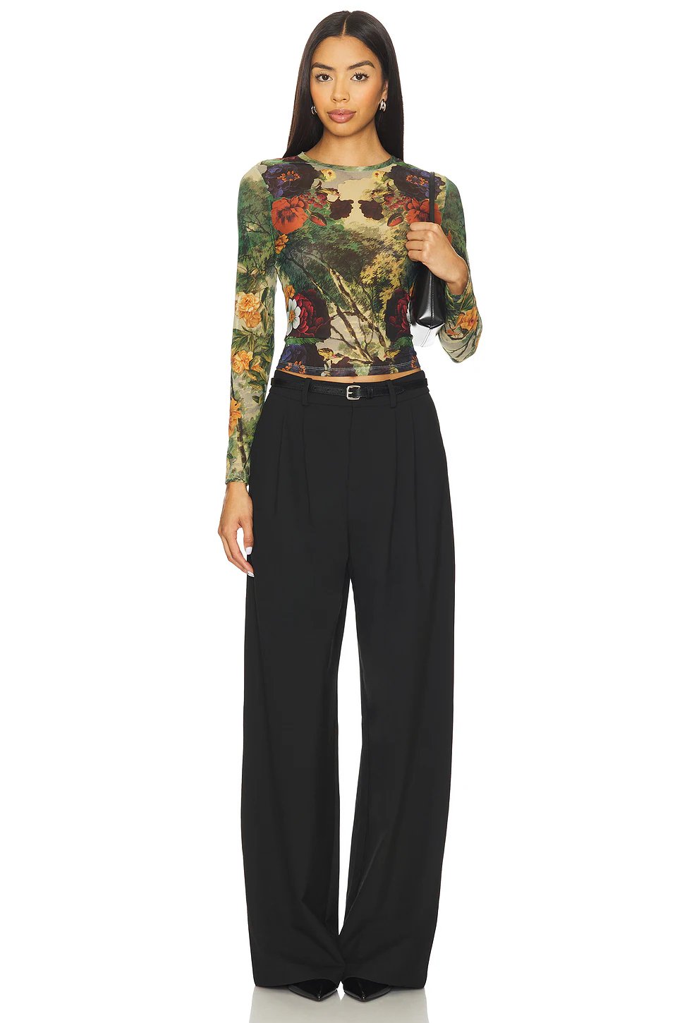 Alice + Olivia Delaina Printed Mesh Long Sleeve Crop Top in Forbidden Forest - Image 4