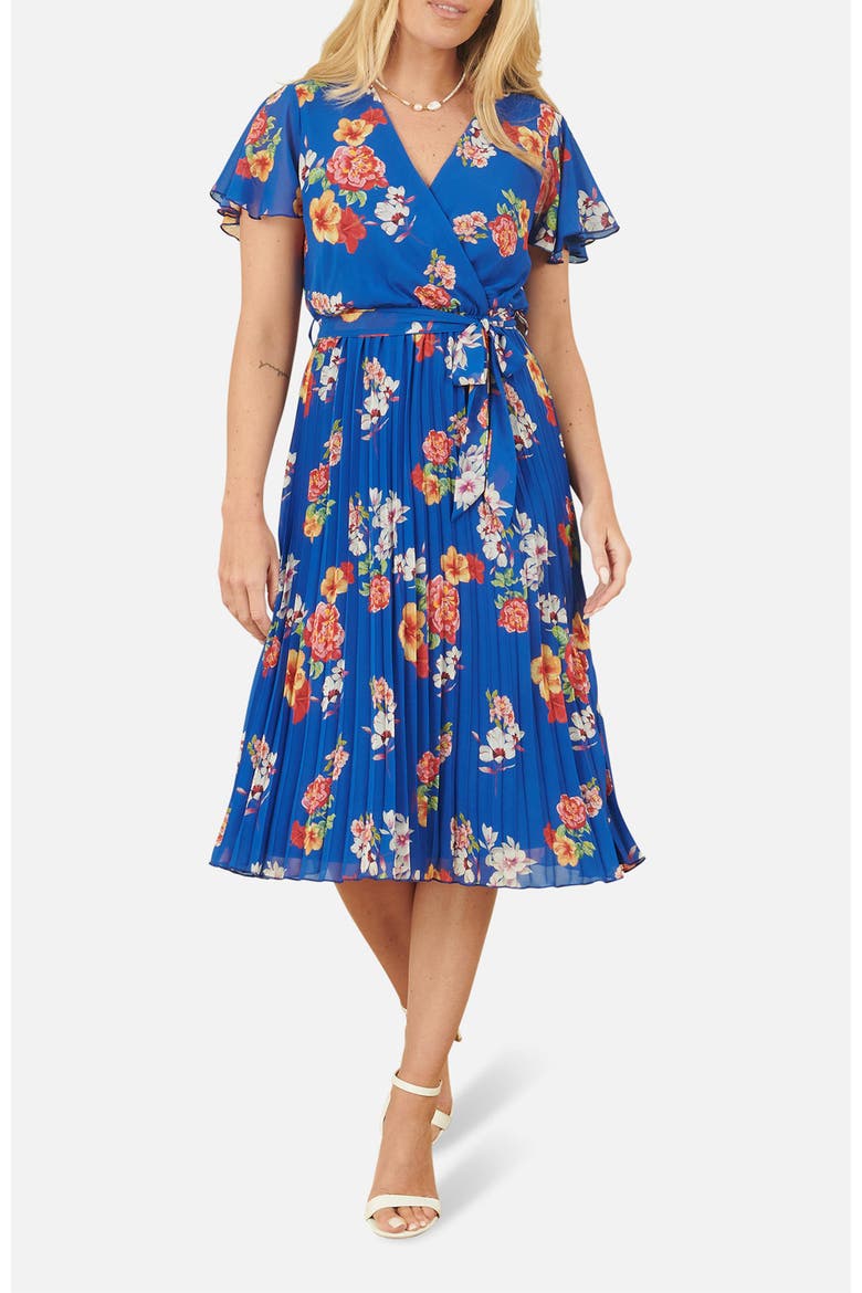 Pleated Floral Tie-Waist Wrap Midi Dress