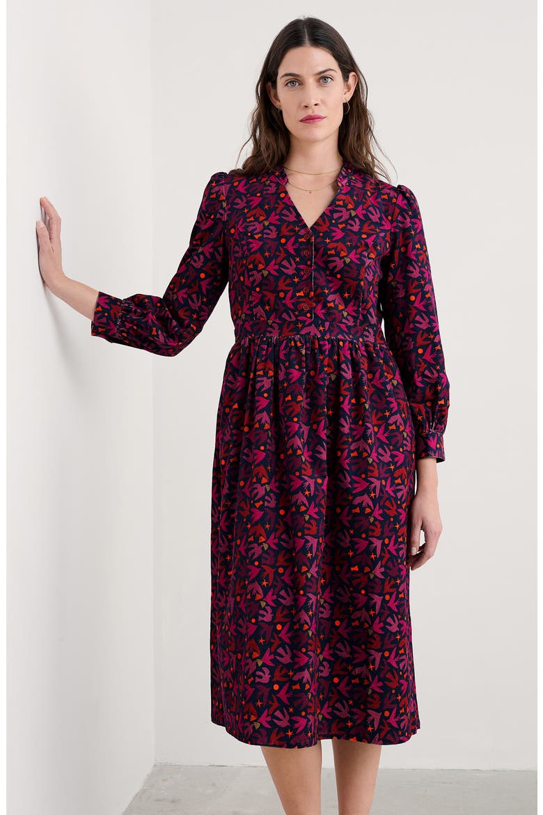 Rose Cottage Bird Print Long Sleeve Cotton Corduroy Midi Dress