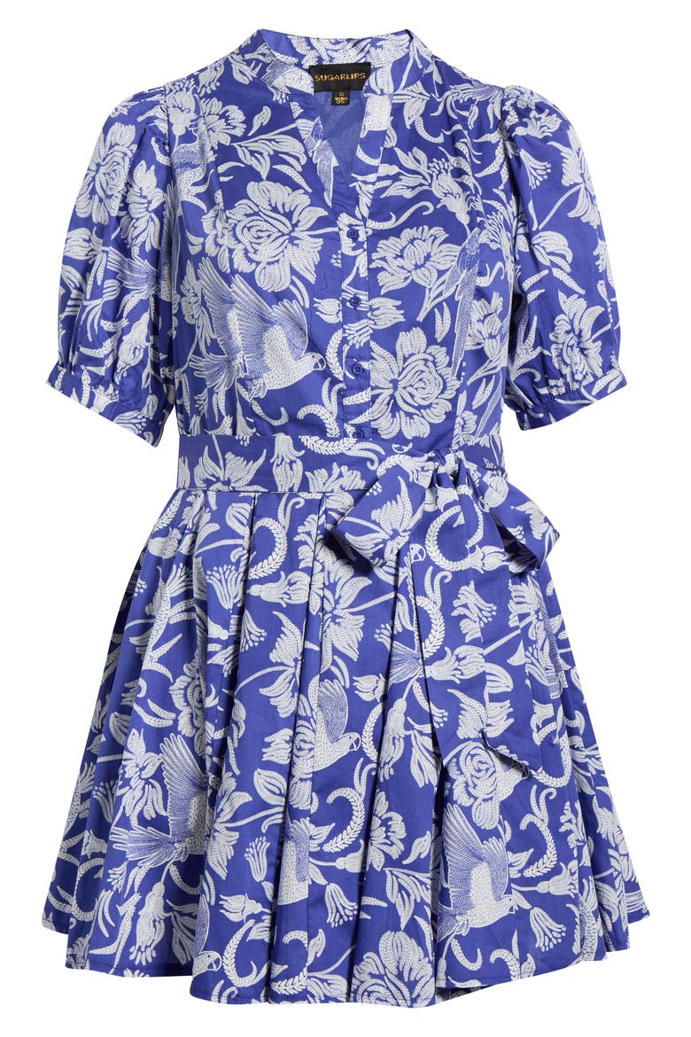 Floral Puff Sleeve Pleated Cotton Shirtdress