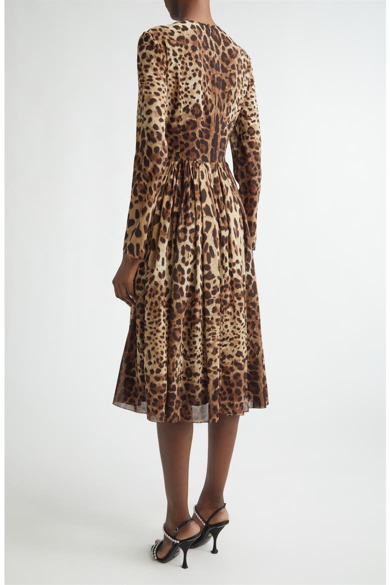 Leopard Print Long Sleeve Stretch Silk Midi Dress