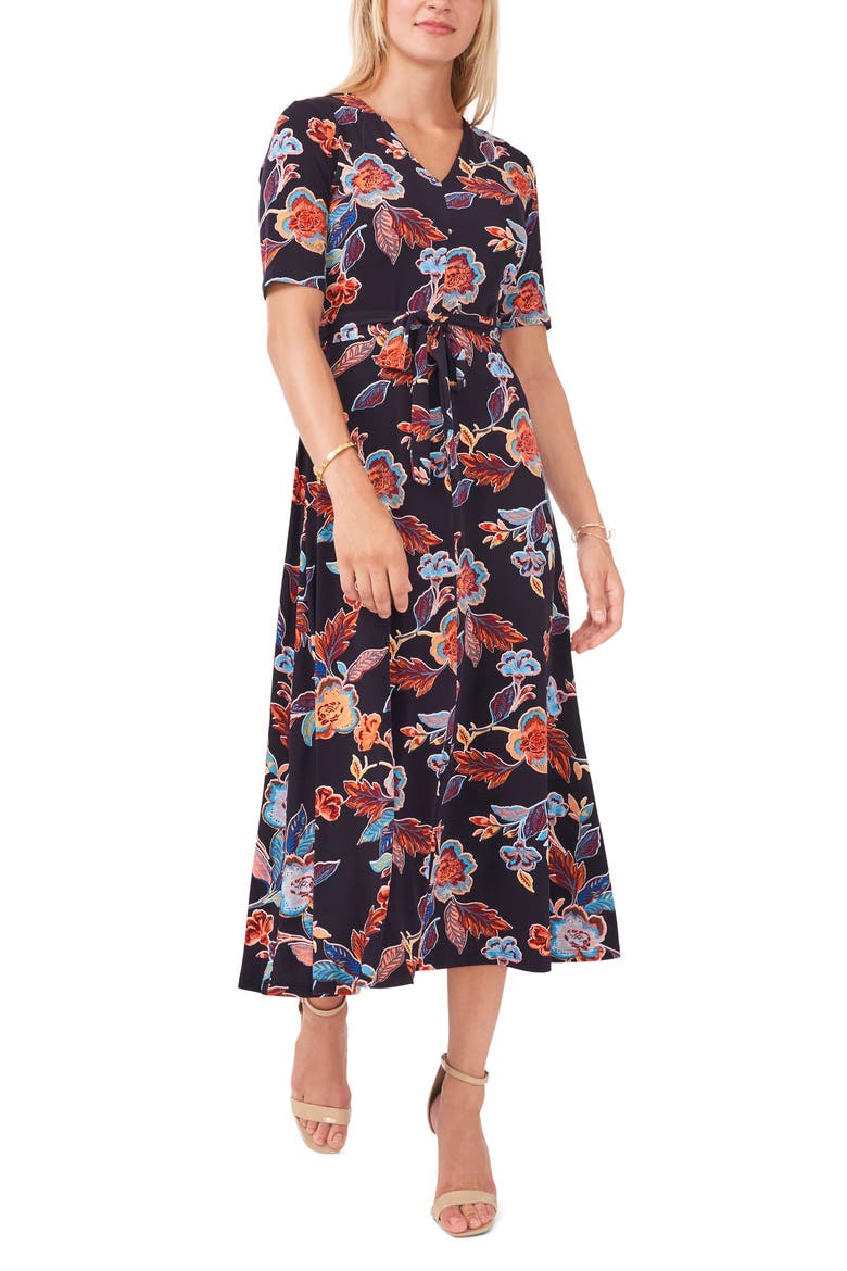 V-Neck Faux Wrap Midi Dress